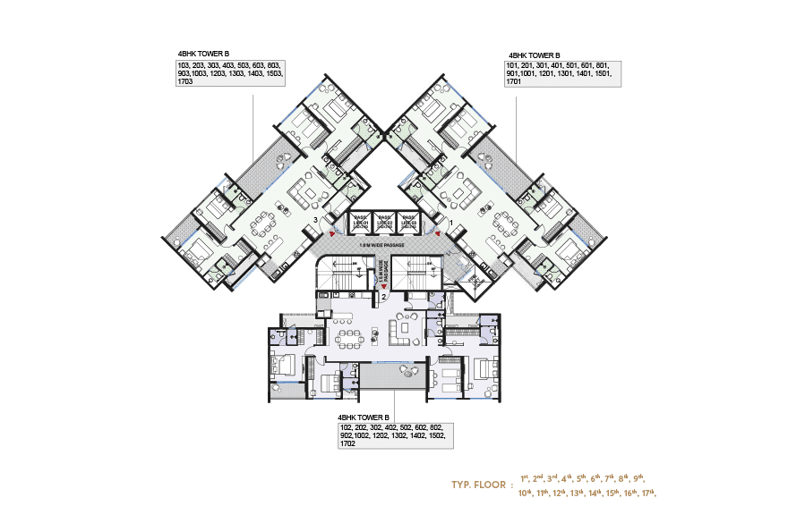 3 BHK Floor Plan — Tower B